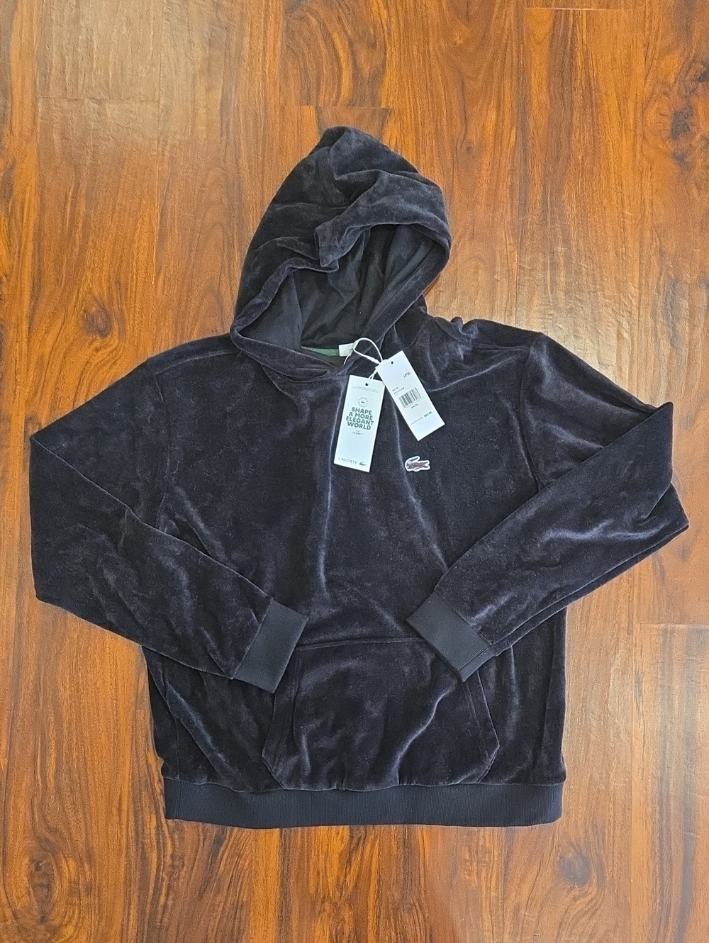 Lacoste Black Velour Hooded Pullover Sweatshirt